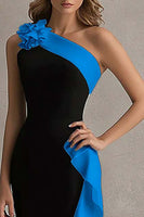 Load image into Gallery viewer, Black and Blue Satin Ruffled One Shoulder Long Formal Dress with 3D Flower