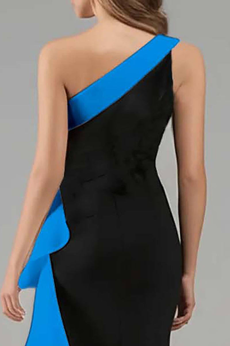 Load image into Gallery viewer, Black and Blue Satin Ruffled One Shoulder Long Formal Dress with 3D Flower