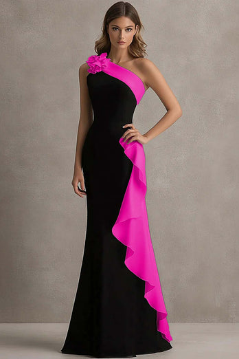 Black and Blue Satin Ruffled One Shoulder Long Formal Dress with 3D Flower