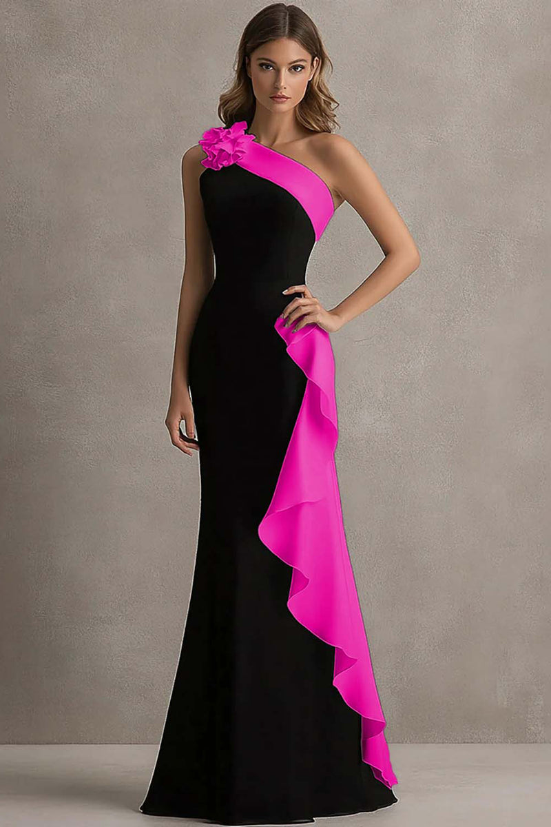 Load image into Gallery viewer, Black and Blue Satin Ruffled One Shoulder Long Formal Dress with 3D Flower