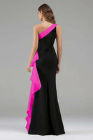Load image into Gallery viewer, Black and Blue Satin Ruffled One Shoulder Long Formal Dress with 3D Flower