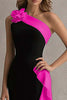 Load image into Gallery viewer, Black and Blue Satin Ruffled One Shoulder Long Formal Dress with 3D Flower