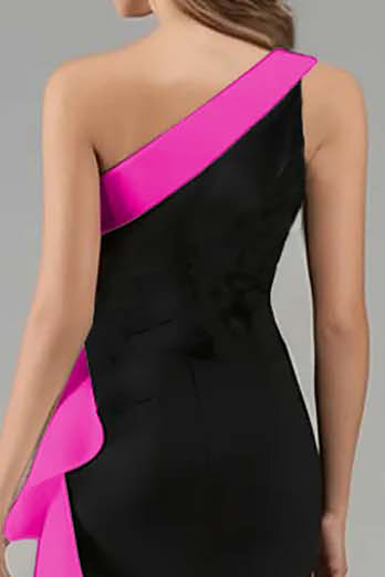 Black and Blue Satin Ruffled One Shoulder Long Formal Dress with 3D Flower