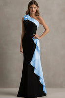 Load image into Gallery viewer, Black and Blue Satin Ruffled One Shoulder Long Formal Dress with 3D Flower