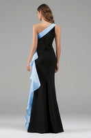 Load image into Gallery viewer, Black and Blue Satin Ruffled One Shoulder Long Formal Dress with 3D Flower