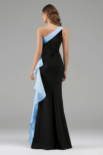 Black and Blue Satin Ruffled One Shoulder Long Formal Dress with 3D Flower