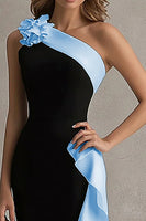 Load image into Gallery viewer, Black and Blue Satin Ruffled One Shoulder Long Formal Dress with 3D Flower