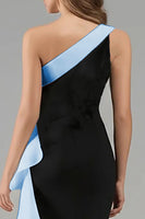 Load image into Gallery viewer, Black and Blue Satin Ruffled One Shoulder Long Formal Dress with 3D Flower