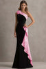 Load image into Gallery viewer, Black and Blue Satin Ruffled One Shoulder Long Formal Dress with 3D Flower