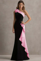 Load image into Gallery viewer, Black and Blue Satin Ruffled One Shoulder Long Formal Dress with 3D Flower
