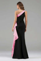 Load image into Gallery viewer, Black and Blue Satin Ruffled One Shoulder Long Formal Dress with 3D Flower