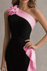 Load image into Gallery viewer, Black and Blue Satin Ruffled One Shoulder Long Formal Dress with 3D Flower