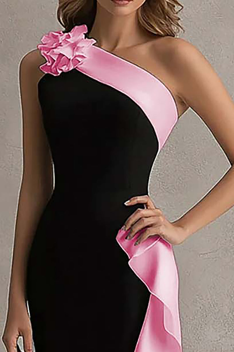 Load image into Gallery viewer, Black and Blue Satin Ruffled One Shoulder Long Formal Dress with 3D Flower
