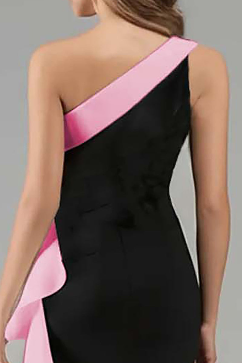 Load image into Gallery viewer, Black and Blue Satin Ruffled One Shoulder Long Formal Dress with 3D Flower