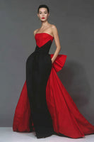 Load image into Gallery viewer, Black and Red Mermaid Strapless Patchwork Long Formal Dress with Cape