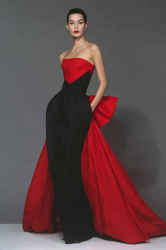 Black and Red Mermaid Strapless Patchwork Long Formal Dress with Cape