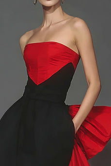 Black and Red Mermaid Strapless Patchwork Long Formal Dress with Cape