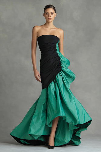 Black and Green Mermaid Ruched Strapless Long Formal Dress with Ruffles