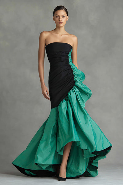 Black and Green Mermaid Ruched Strapless Long Formal Dress with Ruffles