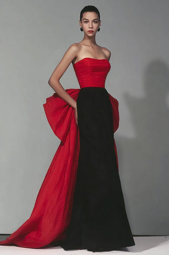 Black and Red Patchwork Mermaid Strapless Long Formal Dress with Bow