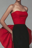 Load image into Gallery viewer, Black and Red Patchwork Mermaid Strapless Long Formal Dress with Bow
