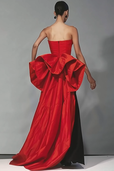 Black and Red Patchwork Mermaid Strapless Long Formal Dress with Bow