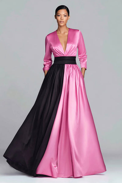 Black and Fuchsia Satin A-Line V-Neck Long Sleeves Formal Dress