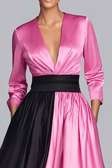 Black and Fuchsia Satin A-Line V-Neck Long Sleeves Formal Dress