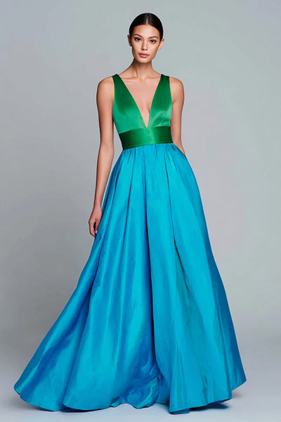 Green and Blue Satin A-Line V-Neck Long Formal Dress