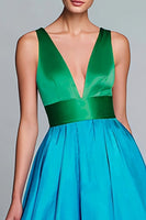 Load image into Gallery viewer, Green and Blue Satin A-Line V-Neck Long Formal Dress