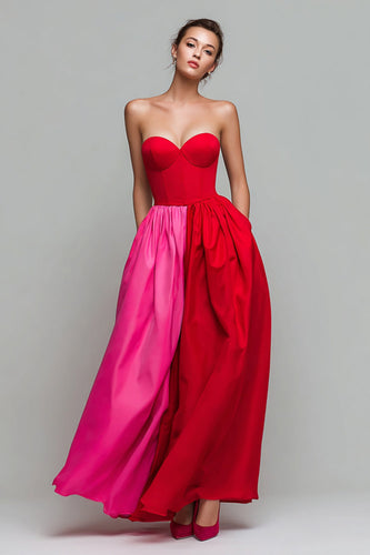 Red and Fuchsia Patchwork A Line Strapless Long Formal Dress
