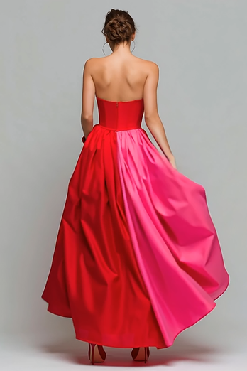 Red and Fuchsia Patchwork A Line Strapless Long Formal Dress