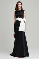 Load image into Gallery viewer, Black and White Boat Neck Mermaid Long Formal Dress with Bow