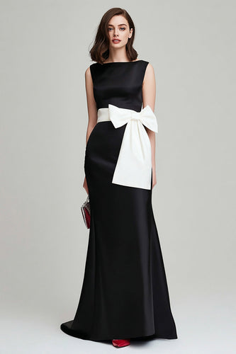 Black and White Boat Neck Mermaid Long Formal Dress with Bow