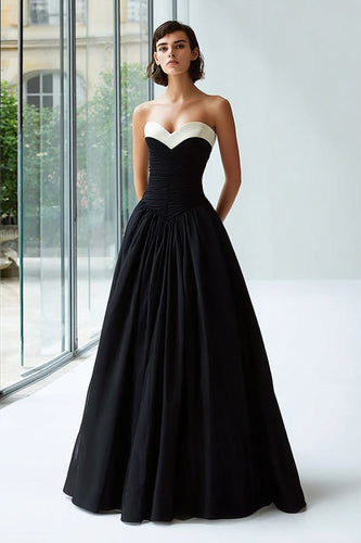 Black and White Satin Sweetheart A Line Long Formal Dress