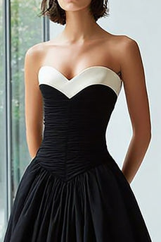 Black and White Satin Sweetheart A Line Long Formal Dress