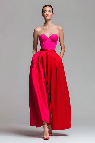 Red and Fuchsia A Line Satin Strapless Long Corset Formal Dress