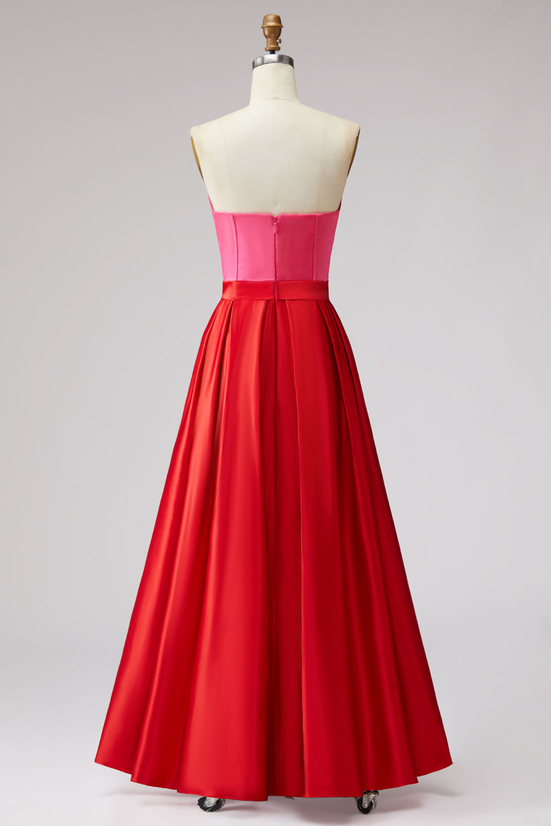 Load image into Gallery viewer, Red and Fuchsia A Line Satin Strapless Long Corset Formal Dress