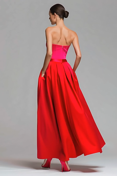 Red and Fuchsia A Line Satin Strapless Long Corset Formal Dress