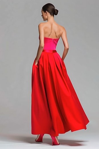 Red and Fuchsia A Line Satin Strapless Long Corset Formal Dress