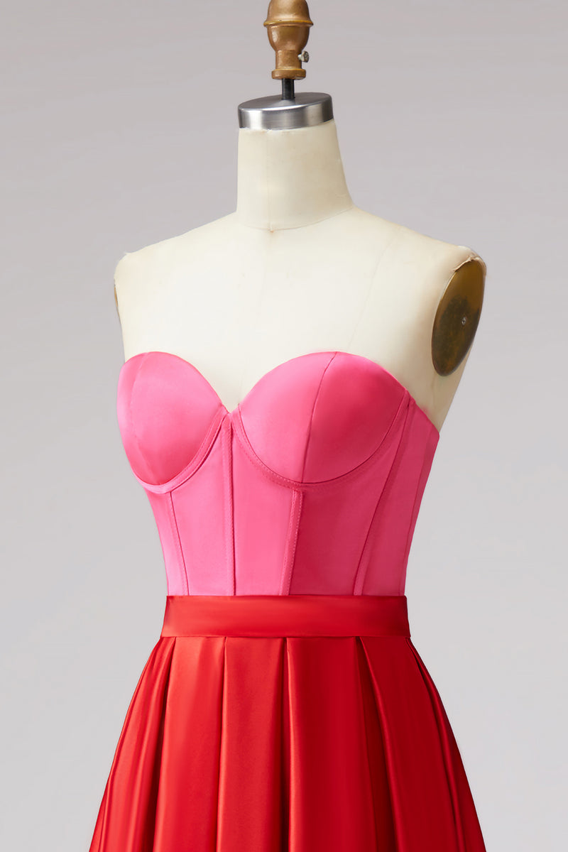 Load image into Gallery viewer, Red and Fuchsia A Line Satin Strapless Long Corset Formal Dress