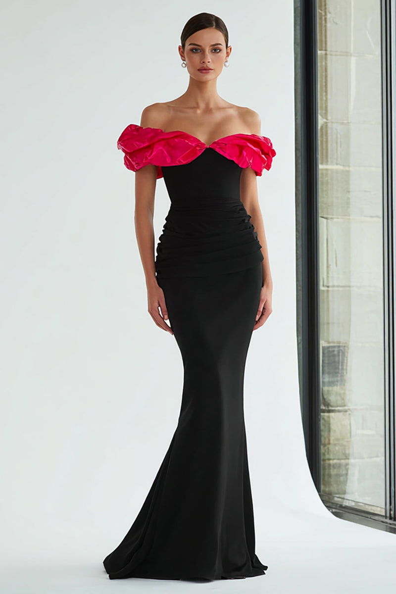 Load image into Gallery viewer, Black and Fuchsia Off the Shoulder Mermaid Long Formal Dress
