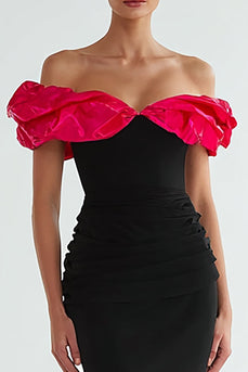 Black and Fuchsia Off the Shoulder Mermaid Long Formal Dress