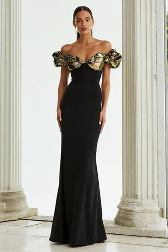 Glitter Black Mermaid Ruched Off the Shoulder Long Formal Dress