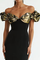 Load image into Gallery viewer, Glitter Black Mermaid Ruched Off the Shoulder Long Formal Dress