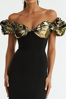 Glitter Black Mermaid Ruched Off the Shoulder Long Formal Dress