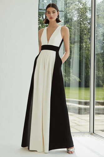Black and White Patchwork A Line V-Neck Long Formal Dress with Pockets