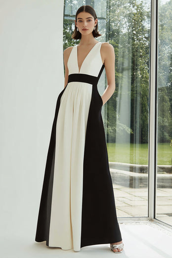 Black and White Patchwork A Line V-Neck Long Formal Dress with Pockets