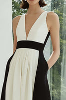 Load image into Gallery viewer, Black and White Patchwork A Line V-Neck Long Formal Dress with Pockets