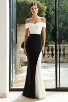 Load image into Gallery viewer, Black and White Mermaid Patchwork Off The Shoulder Long Formal Dress